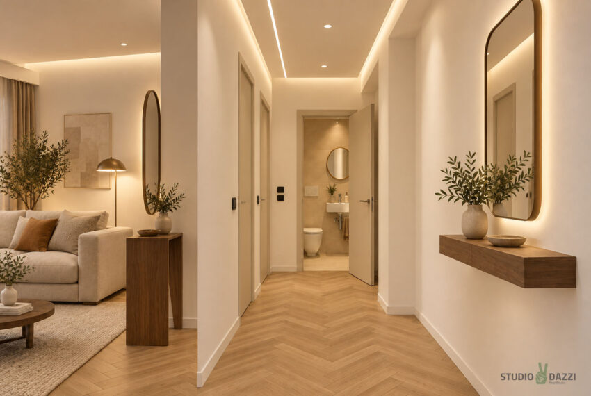 Corridoio aperto con parquet e luce calda
